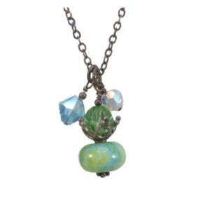 Sterling Silver Crystal and Lampwork Green Glass Bead Pendant Necklace
